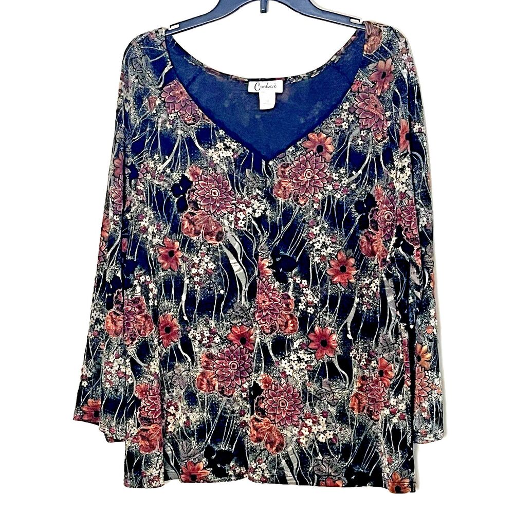 Carducci 2X Floral V Neck Top Black Red Stretch Made in USA Garden Boho Art